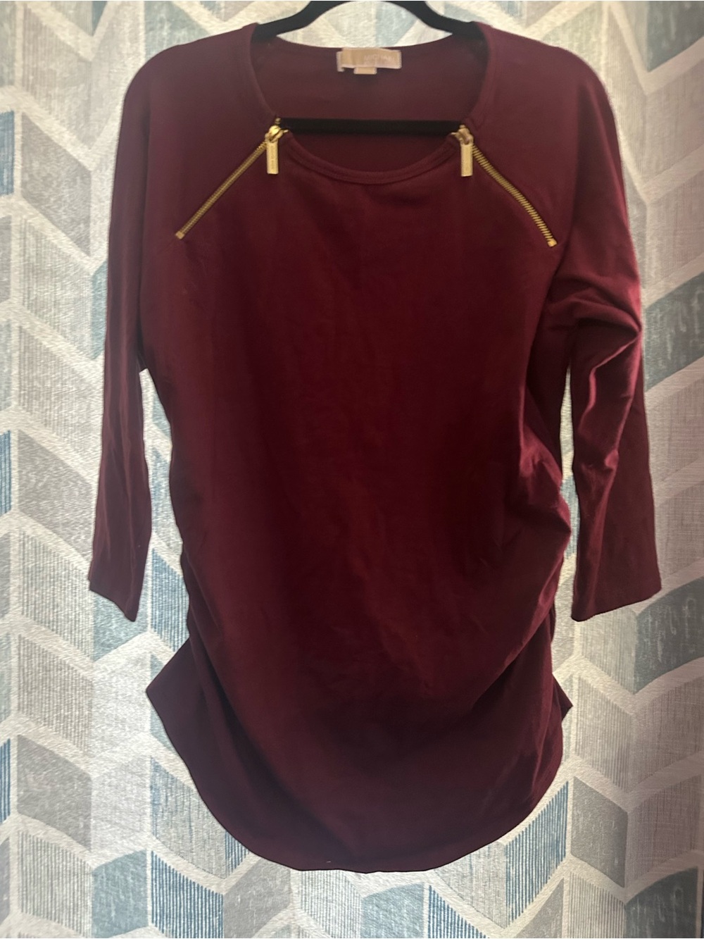 Michael Michael Kors Long Sleeve Burgundy Knit Gold Metal Zippers Size XL